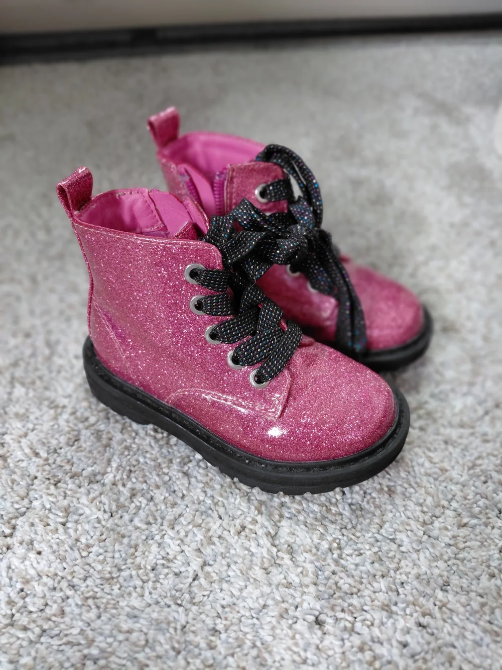 Toddler Girls' Sparkle Lace-Up Pink Booties with Sturdy Black Sole
